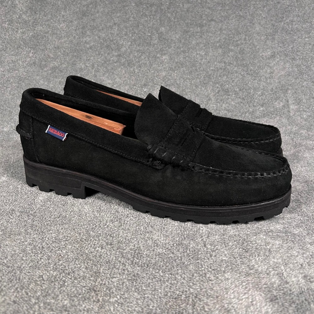 Sebago Penny Loafers Dan Lug Suede Black Chunky Lug Sole Mens 9M  B710050 - NEW